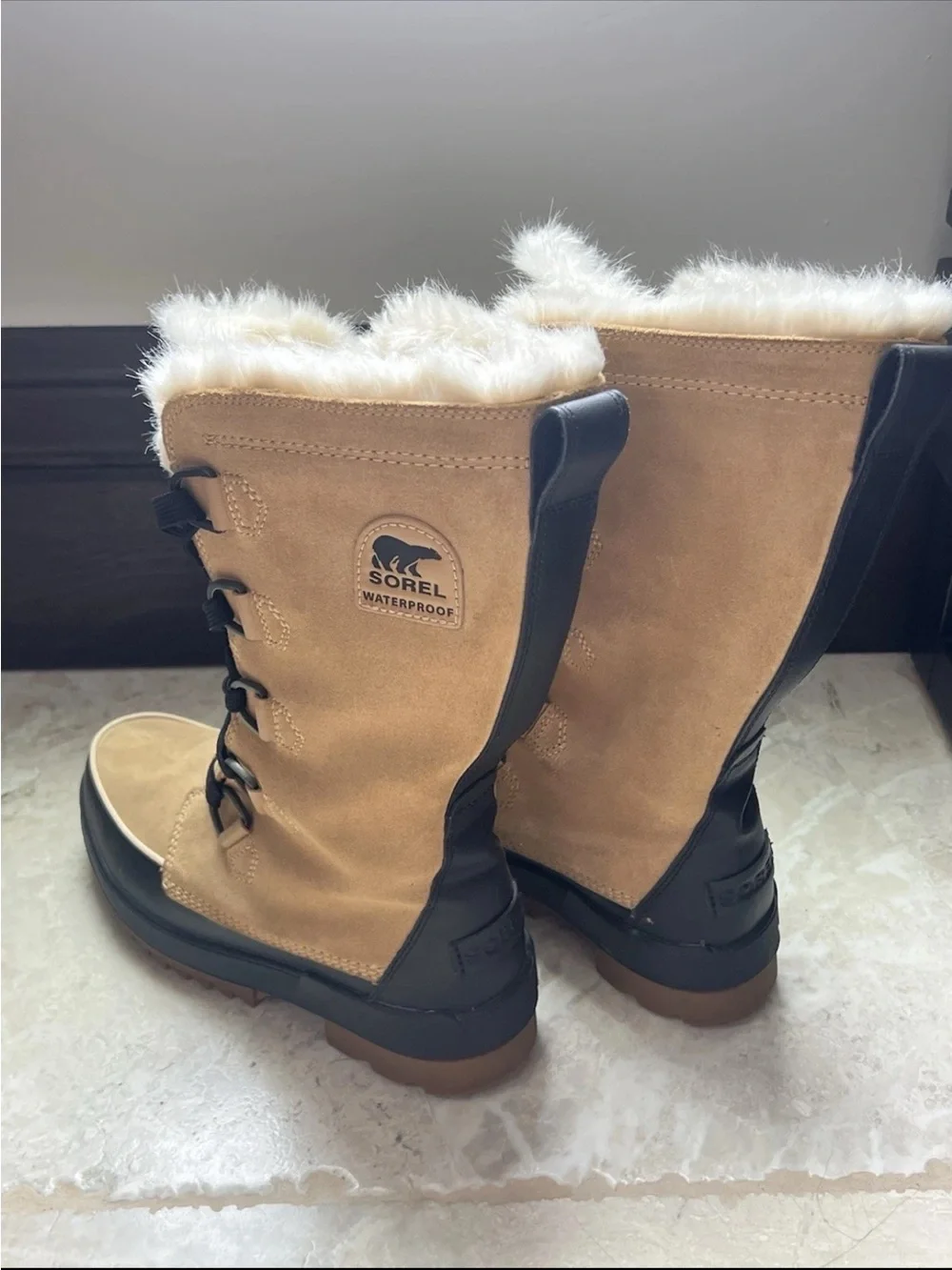 Sorel Women's Tan and Black Waterproof Winter Boots with Faux Fur